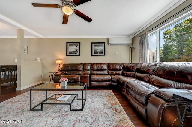 living room featuring dark hardwood / wood-style flooring, a wall unit AC, and ceiling fan