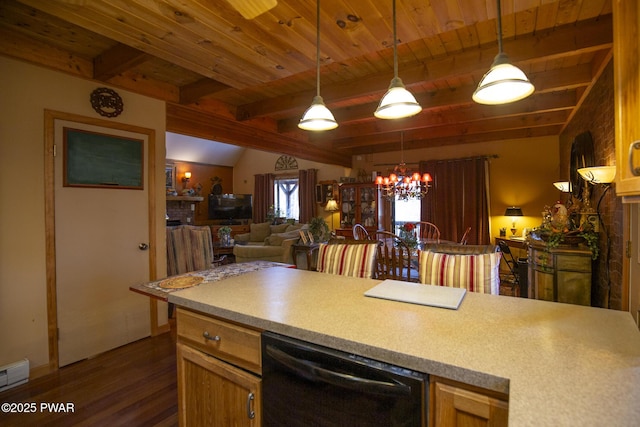 kitchen featuring dark wood finished floors, vaulted ceiling with beams, black dishwasher, wood ceiling, and a chandelier