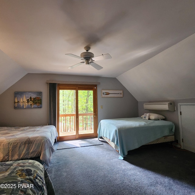 101 Deer Run, Greentown, PA 18451 - bedroom with access to outside, vaulted ceiling, carpet flooring, ceiling fan, and a wall unit AC