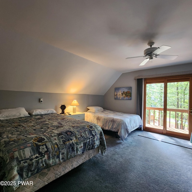 101 Deer Run, Greentown, PA 18451 - carpeted bedroom with access to exterior, lofted ceiling, and ceiling fan