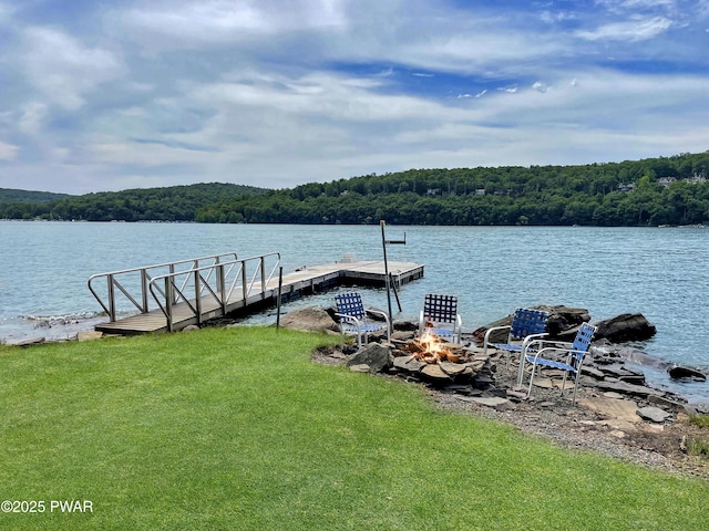 1474 Lakeland Dr, Lake Ariel, PA 18436 - dock area featuring an outdoor fire pit, a view of trees, a water view, and a yard