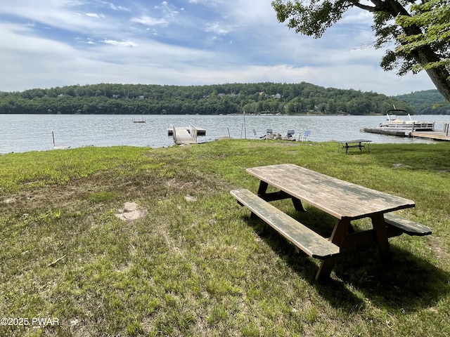 1474 Lakeland Dr, Lake Ariel, PA 18436 - view of property's community with a wooded view, a dock, a water view, and a yard