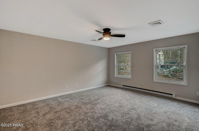 unfurnished room with a baseboard radiator, carpet flooring, and ceiling fan