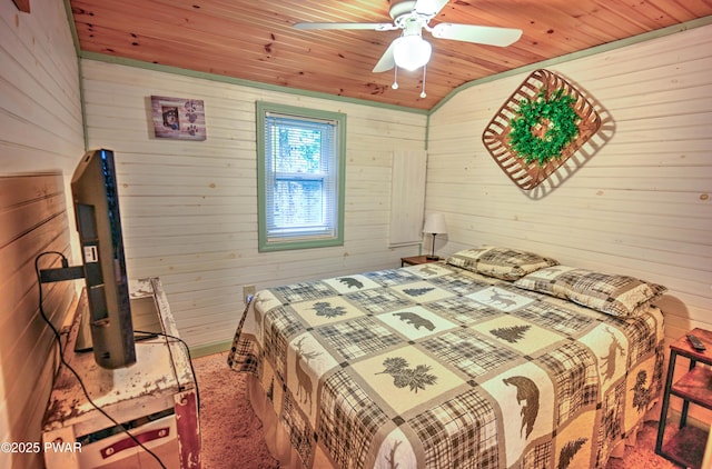 121 Ness Rd, Dingmans Ferry, PA 18328 - bedroom with carpet, wood walls, wooden ceiling, and ceiling fan