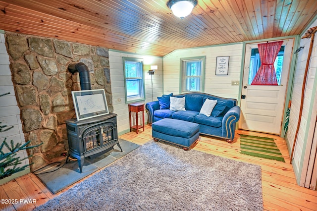 121 Ness Rd, Dingmans Ferry, PA 18328 - living area with a wood stove, hardwood / wood-style flooring, and wood ceiling