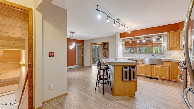 142 Bloss Rd, Canadensis, PA 18325 - kitchen featuring a sink, rail lighting, a kitchen bar, light countertops, and backsplash