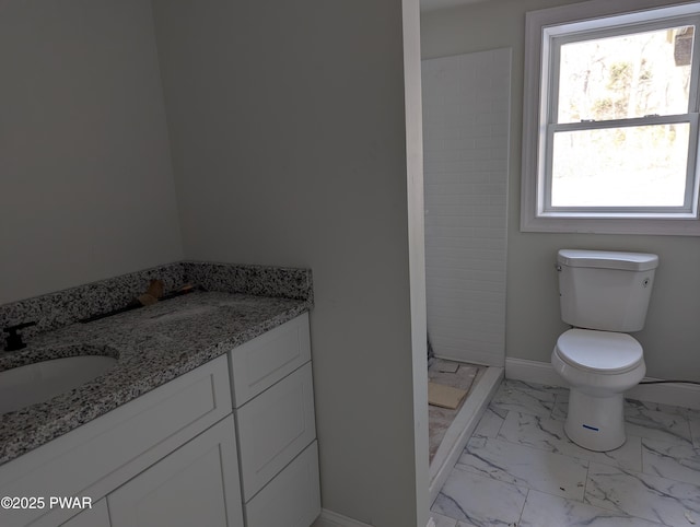 bathroom featuring a shower, vanity, and toilet