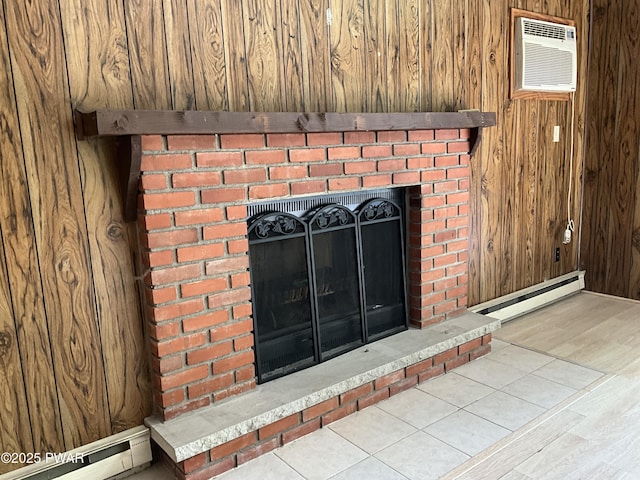 110 Parkwood Dr # 154, Lake Ariel, PA 18436 - detailed view of a baseboard radiator, a brick fireplace, wood finished floors, wood walls, and a wall mounted air conditioner
