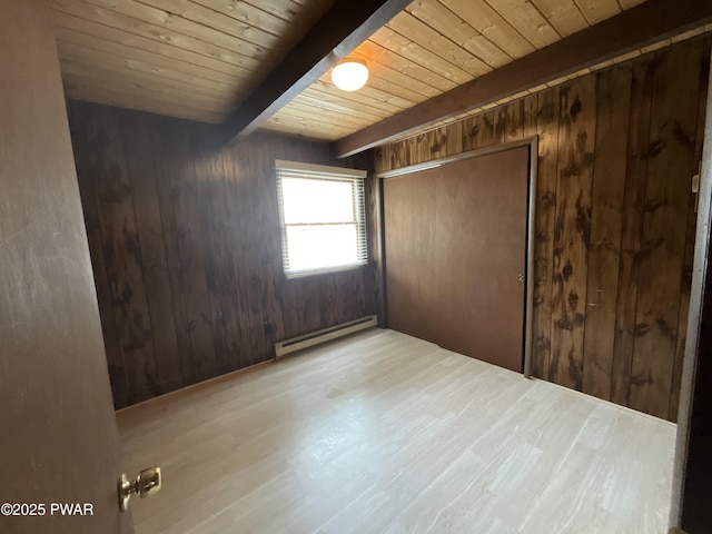 110 Parkwood Dr # 154, Lake Ariel, PA 18436 - unfurnished bedroom with a baseboard heating unit, wooden walls, a wooden ceiling with exposed beams, wood finished floors, and a closet