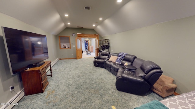 living room featuring light carpet, a baseboard heating unit, and vaulted ceiling