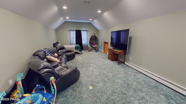 living room with light colored carpet, a baseboard heating unit, and lofted ceiling