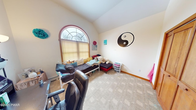 carpeted living room with vaulted ceiling