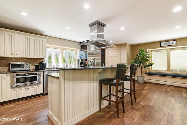 kitchen with tasteful backsplash, dark hardwood / wood-style floors, island exhaust hood, a kitchen island, and appliances with stainless steel finishes