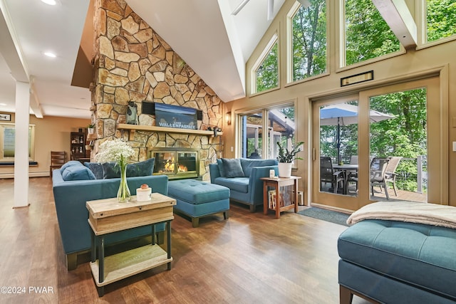 living room with hardwood / wood-style flooring, a stone fireplace, and high vaulted ceiling