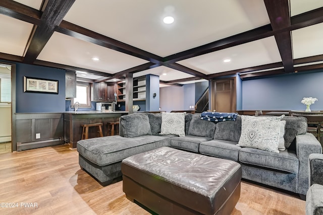 living room with coffered ceiling, light hardwood / wood-style floors, beamed ceiling, and a baseboard radiator