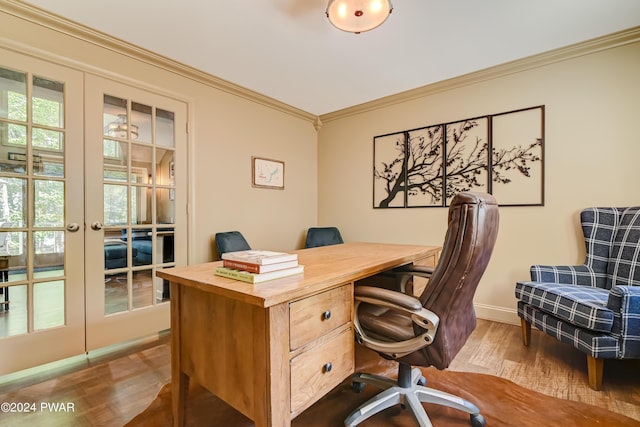 office area featuring crown molding, french doors, and light hardwood / wood-style flooring