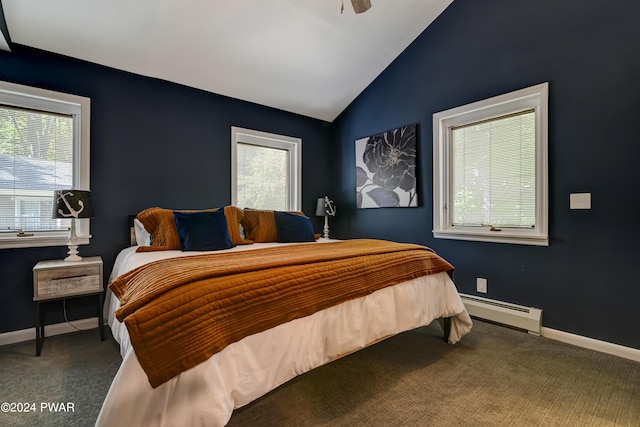 bedroom featuring dark colored carpet, ceiling fan, vaulted ceiling, and a baseboard radiator