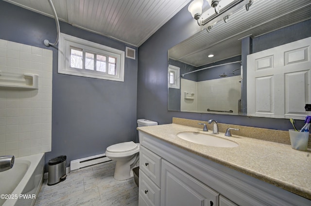 bathroom with toilet, wood finished floors, visible vents, baseboard heating, and vanity