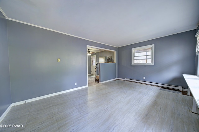 spare room featuring a baseboard radiator, ornamental molding, and ceiling fan