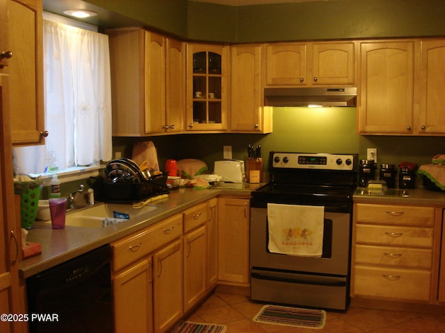 113 Oak Dr, Shohola, PA 18458 - kitchen featuring under cabinet range hood, stainless steel electric range, black dishwasher, and light tile patterned floors