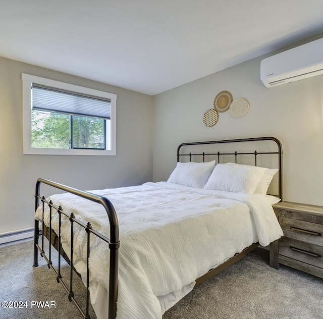 bedroom with carpet flooring, an AC wall unit, and a baseboard radiator