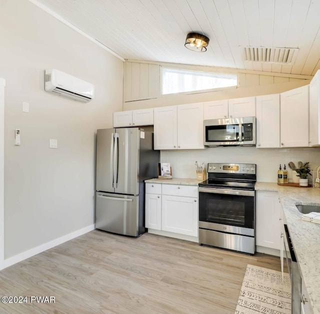 kitchen featuring white cabinetry, wooden ceiling, a wall mounted air conditioner, stainless steel appliances, and lofted ceiling