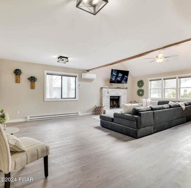 living room with ceiling fan, baseboard heating, lofted ceiling with beams, an AC wall unit, and hardwood / wood-style flooring