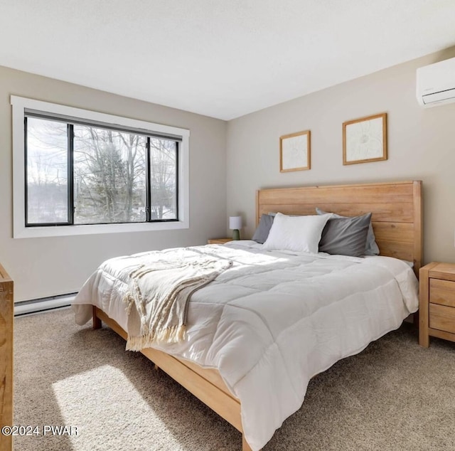 bedroom with carpet, a wall unit AC, and a baseboard radiator