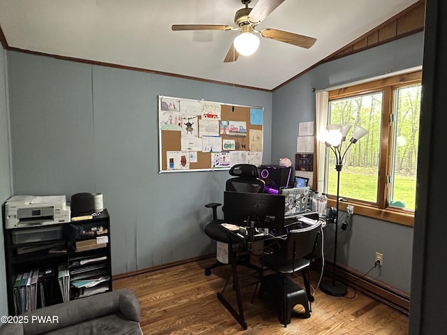 201 Oak Hill Rd, Hawley, PA 18428 - office with lofted ceiling, wood finished floors, ceiling fan, and crown molding