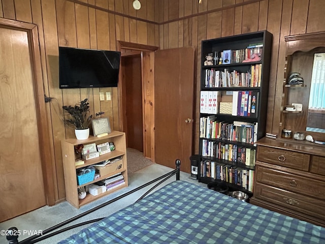 201 Oak Hill Rd, Hawley, PA 18428 - bedroom featuring carpet floors and wooden walls
