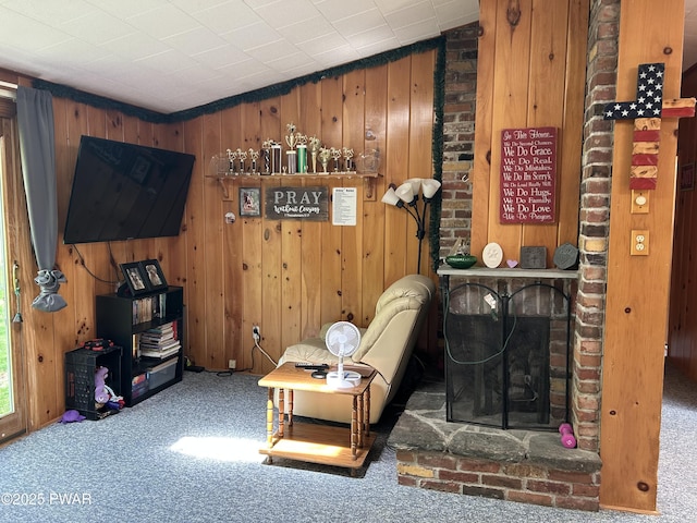 201 Oak Hill Rd, Hawley, PA 18428 - living room featuring carpet flooring and wooden walls
