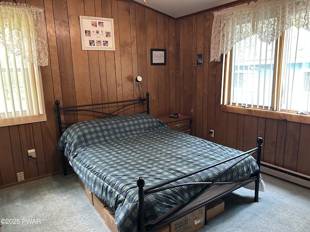 201 Oak Hill Rd, Hawley, PA 18428 - bedroom featuring carpet flooring, wood walls, and baseboard heating