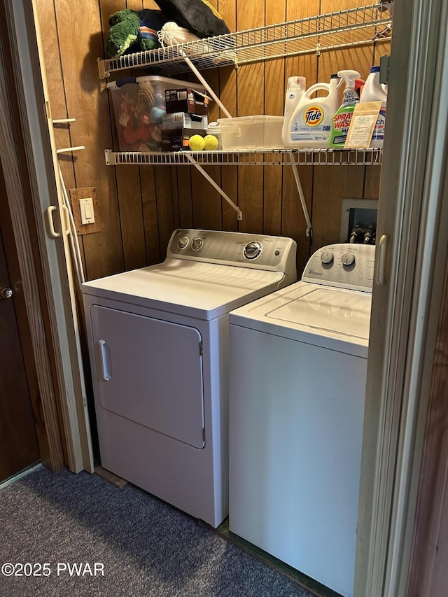 201 Oak Hill Rd, Hawley, PA 18428 - laundry area with independent washer and dryer and wooden walls