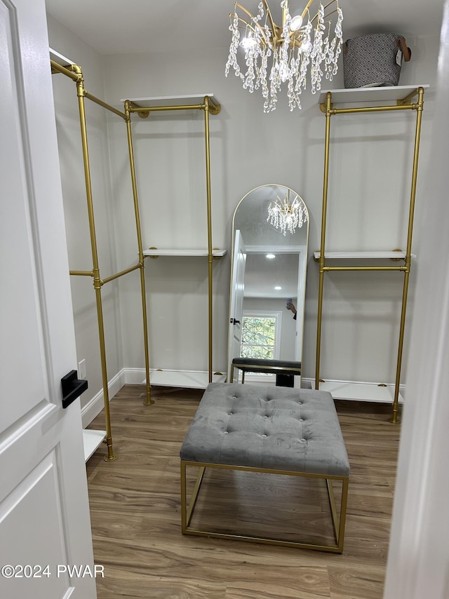 spacious closet with a chandelier and hardwood / wood-style flooring