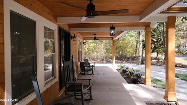 view of patio / terrace featuring ceiling fan and a porch