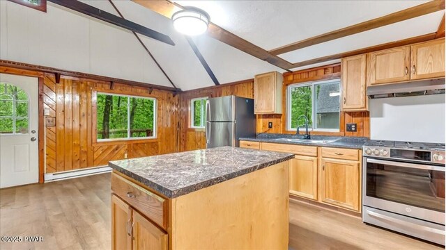 122 Westfall Dr, Dingmans Ferry, PA 18328 - kitchen with stainless steel appliances, under cabinet range hood, baseboard heating, light wood-type flooring, and a sink