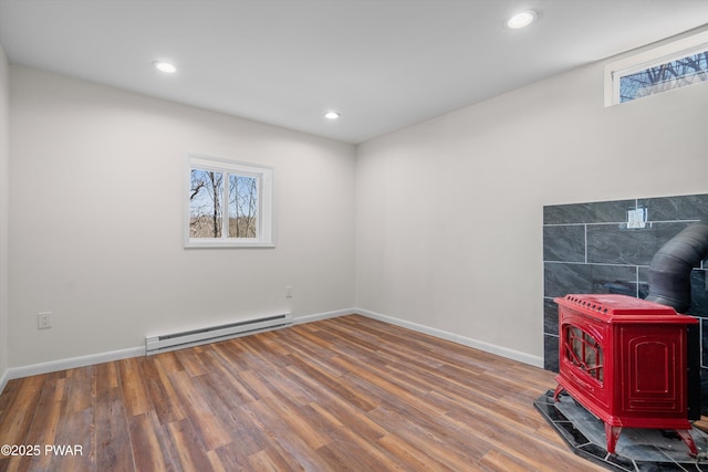 129 Remuda Dr, Lords Valley, PA 18428 - below grade area featuring baseboards, a wood stove, wood finished floors, and baseboard heating