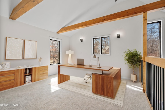 129 Remuda Dr, Lords Valley, PA 18428 - unfurnished office with light colored carpet, a wealth of natural light, and vaulted ceiling with beams