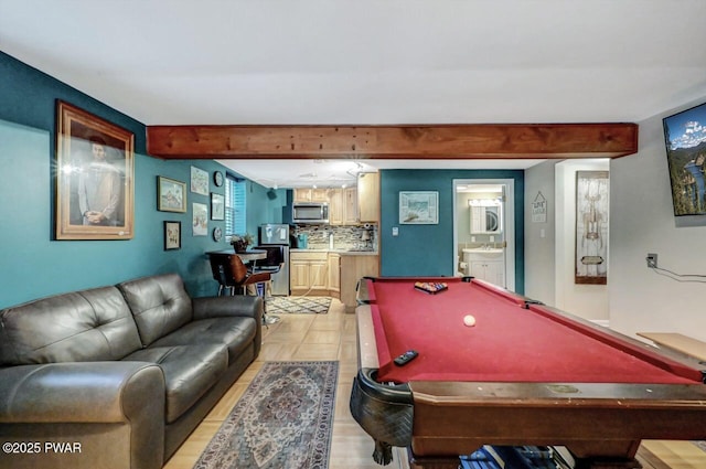 rec room featuring beam ceiling and billiards