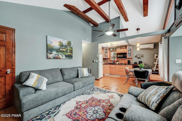 living room with a wall mounted air conditioner, high vaulted ceiling, beamed ceiling, wood-type flooring, and ceiling fan