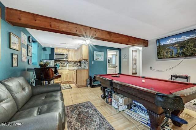 recreation room featuring beamed ceiling, light parquet flooring, and billiards