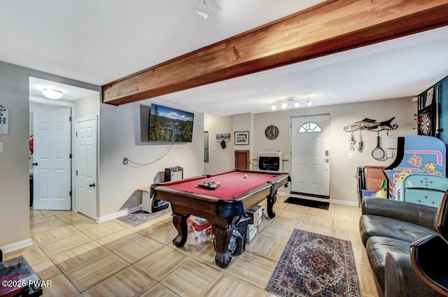 playroom featuring pool table and beam ceiling