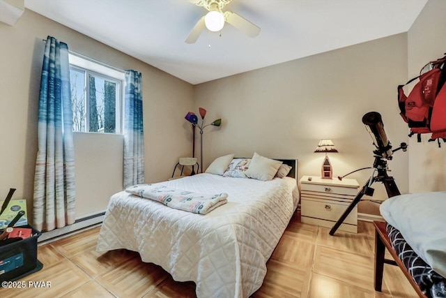 bedroom with a baseboard radiator, light parquet flooring, and ceiling fan