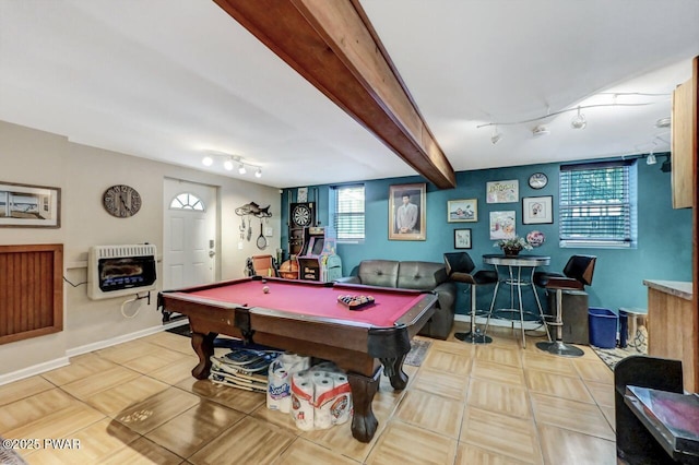 recreation room with heating unit, pool table, light tile patterned floors, track lighting, and beam ceiling