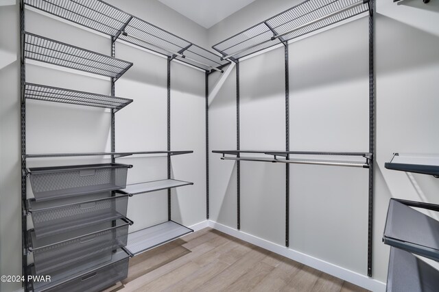 spacious closet with elevator and light wood-type flooring