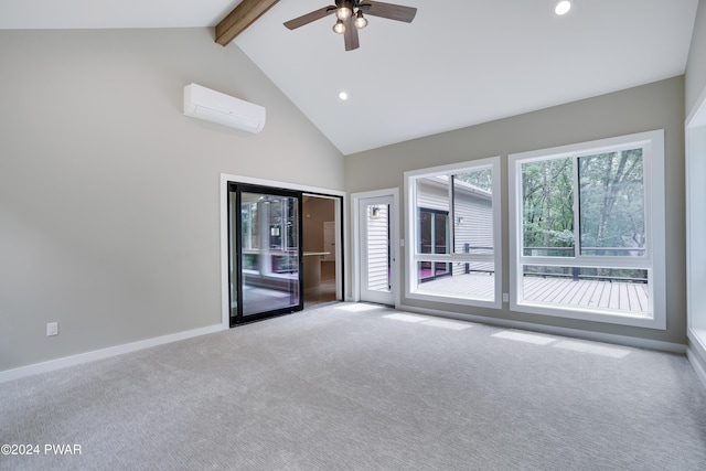 spare room featuring a wall mounted air conditioner, light colored carpet, ceiling fan, beam ceiling, and high vaulted ceiling