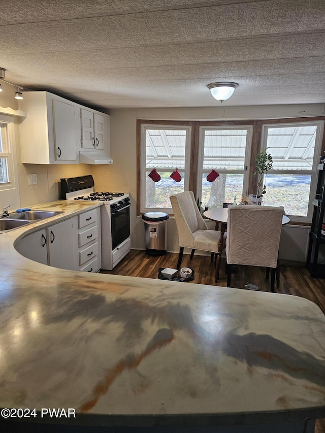 kitchen featuring dark hardwood / wood-style flooring, sink, white cabinets, and white range with gas stovetop