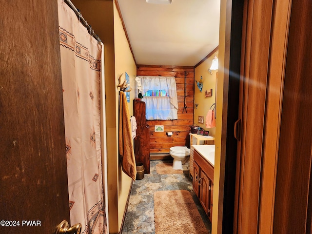 bathroom with vanity, toilet, and wooden walls