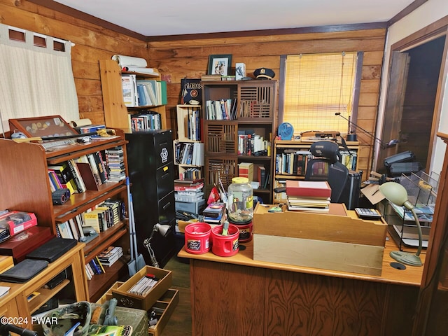 home office featuring wood walls