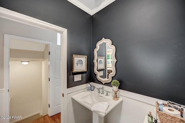 bathroom featuring wood-type flooring and ornamental molding